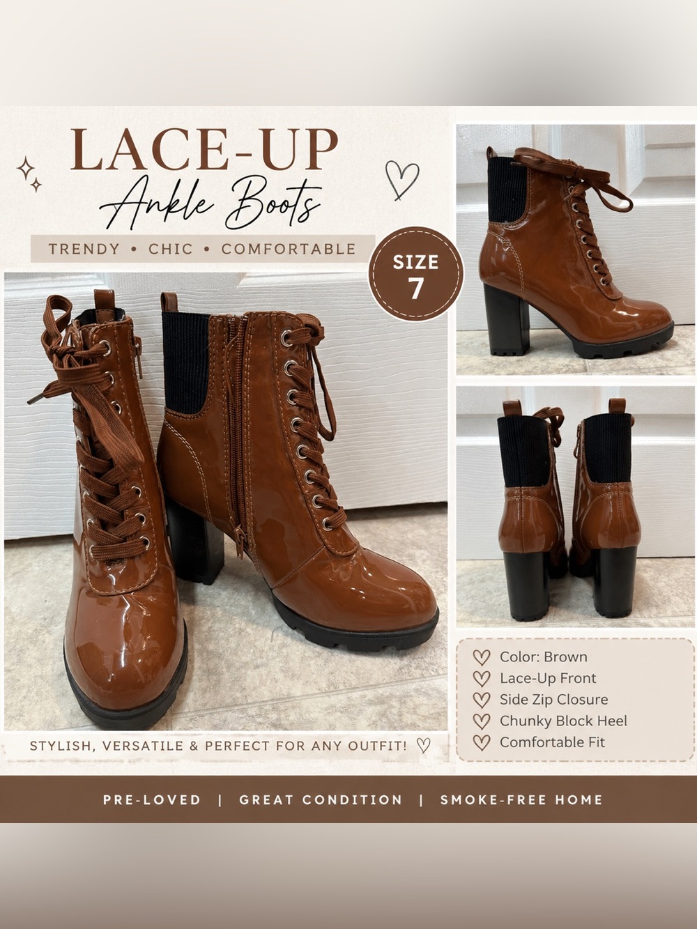 Bamboo Brown Lace-Up Chunky Heel Ankle Boots - Size 7